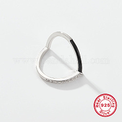 Cuore in platino rodiato e 925 anello in argento sterling con micro pavé di zirconi cubici, con smalto, nero, diametro interno: 17mm