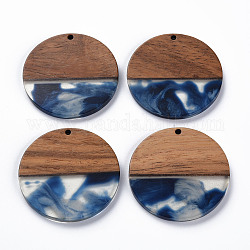 Colgantes de resina transparente y madera de nogal, dos tonos, plano y redondo, azul marino, 38.5x3mm, agujero: 2 mm