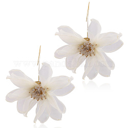 Boucles d'oreilles avec pendentif en alliage, avec organza et strass, fleur, blanc, 100x100mm