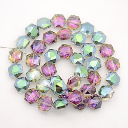 Hexagonale electroplate pleine arc plaqué perles de verre brins, facette, vert de mer clair, 15x14x8mm, Trou: 1mm, Environ 50 pcs/chapelet, 23.6 pouce