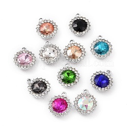 Alloy Rhinestone Pendants, Flat Round Charms, Platinum, Mixed Color, 19x15.5x6mm, Hole: 2mm