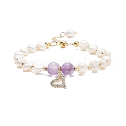 Bracciale con perline di ametista e perle naturali con ciondolo a forma di cuore in zirconi, gioielli con pietre preziose per le donne, diametro interno: 2-1/8~2-5/5 pollice (5.4~6.8 cm)