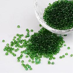 12/0 Glass Seed Beads, Transparent, Round, Green, 2mm, Hole: 1mm, about 3100pcs/50g