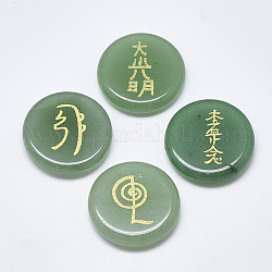 Cabochons naturales aventurina verde, plano redondo con patrón de tema budista, 25x5.5 mm, 4 pcs / juego