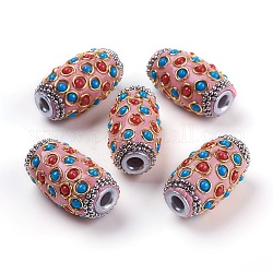 Perles Indonésiennes manuelles, avec des accessoires en métal et des cabochons en résine, platine et d'or, ovale, rose, 32x16.5~17mm, Trou: 4.5mm
