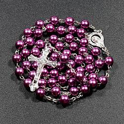 Collana con perle di rosario in plastica imitazione perla per Pasqua, collana con pendente croce crocifisso in lega con catene di ferro, porpora, 27.56 pollice (70 cm)