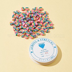 100pcs 2 Art handgemachte Polymer-Ton-Perlen, flach rund & herz mit streifenmuster, Mischfarbe, 7.5~9.5x8~9.5x4~4.5 mm, Bohrung: 1~1.2 mm, 50pcs / style