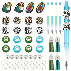 CHGCRAFT DIY Beadable Pen Making Kit, Including Jesus & Virgin Mary & Hexagon Silicone & Resin Rondelle & Rhinestone Spacer Beads, Plastic Ball-Point Pens, Tassel Pendant, Mixed Color, 56Pcs/box