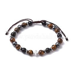 Natural Tiger Eye & Obsidian Round & Brass Cross Braided Bead Bracelets, Adjustable Bracelet, Inner Diameter: 2-1/4~4-1/8 inch(5.8~10.3cm)