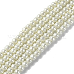 Hebras de cuentas redondas de perlas de vidrio teñidas ecológicas, cordón de algodón rosca, blanco, 4~4.5mm, agujero: 0.7~1.1 mm, aproximamente 104 pcs / cadena, 15 pulgada