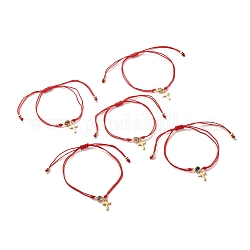 Bracelet breloque croix et plat rond strass, bracelet ajustable en perles tressées, bijoux de protection porte-bonheur pour elle, rouge, couleur mixte, diamètre intérieur: 1/4~3-3/4 pouce (0.6~9.6 cm)
