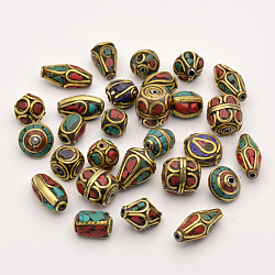 Handmade tibetischen Stil Perlen, Messing mit synthetischer Koralle und Türkis, Antik Golden, 8~25x8~13 mm, Bohrung: 1~2.5 mm