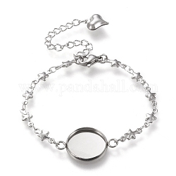 304 Stainless Steel Bracelet Making, with Lobster Claw Clasps, Star Link Chains and Flat Round Cabochon Settings, Stainless Steel Color, Tray: 12mm, 6 inch(15.3cm)