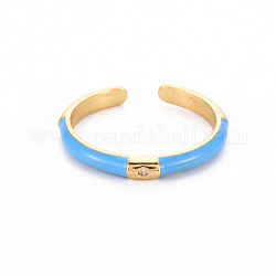 Brass Enamel Cuff Rings, Open Rings, with Clear Cubic Zirconia, Nickel Free, Golden, Dodger Blue, US Size 8(18.1mm)