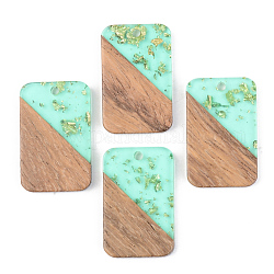Transparent Resin & Walnut Wood Pendants, with Gold Foil, Rectangle, Pale Turquoise, 28x18x3mm, Hole: 2mm