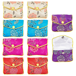 Nbeads 15шт 5 цвета вышивка дамасской ткани мешочки, с кнопкой и молнией, небольшие подарочные пакеты для украшений, разноцветные, 6.45x8 см, 3 шт / цвет