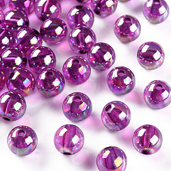 Perles en acrylique transparente, de couleur plaquée ab , ronde, magenta, 10x9mm, Trou: 2mm, environ 940 pcs/500 g