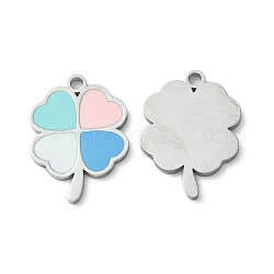 304 Stainless Steel Manual Polishing Pendants, with Enamel, Clover Charm, Stainless Steel Color, 22x16.5x1.5mm, Hole: 2mm