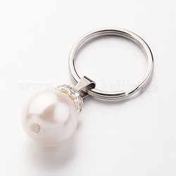 Porte-clés en acier inoxydable, ronde, avec des perles acryliques imitation de séparateurs perles et séparateurs perles en laiton strass, blanc, 52mm