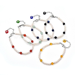 Bracelets de perles de pierres précieuses naturelles, avec le mal de perles au chalumeau des yeux, Perles de nacre naturelle, perles en laiton et fermoirs mousquetons en 304 acier inoxydable, 7-7/8 pouce (20 cm)