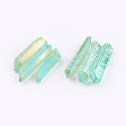 Cuentas de perlas graduadas de cristal de cuarzo natural electrochapado, pepitas, verde pálido, 21~43x5~13mm, agujero: 1 mm, 3 PC / sistema