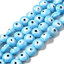 Hechos a mano de mal de ojo lampwork perlas hebras, plano y redondo, luz azul cielo, 12.5x7.5mm, agujero: 1.6 mm, aproximamente 33 pcs / cadena, 15.12'' (38.4 cm)