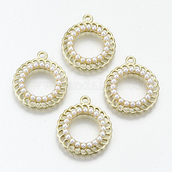 Colgantes de chapado en rack, con perlas de imitación de plástico abs blanco, Sin cadmio y níque y plomo, anillo, la luz de oro, 22x19x3mm, agujero: 2 mm