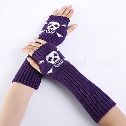 Fil de fibre de polyacrylonitrile tricotant de longs gants sans doigts, manchette, gants chauds d'hiver avec trou pour le pouce, motif crâne, violet, 295~330x80mm