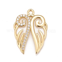 Brass Micro Pave Cubic Zirconia Pendants, Real 18K Gold Plated, Lead Free & Cadmium Free, Wing, Clear, 34x25x3mm, Hole: 2.5mm
