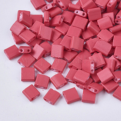 2 trous perles de rocaille de verre, de Style caoutchouté, rectangle, rouge indien, 5x4.5~5.5x2~2.5mm, Trou: 0.5~0.8mm