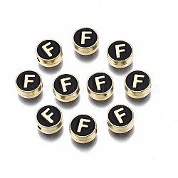 Legierung Emaille-Perlen, cadmiumfrei und bleifrei, Licht Gold, flach rund mit Alphabet, Schwarz, Buchstabe f, 8x4 mm, Bohrung: 1.5 mm