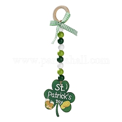 Saint Patrick's Day Wood Pendant Decoration, with Wood Beaded and Ring Hanging Decoration, Clover, 262mm
