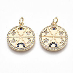 Brass Micro Pave Cubic Zirconia Pendants, Flat Round with Eye/Heart/Moon/Star/Lightning/Bridge, Nickel Free, Clear & Blue, Real 18K Gold Plated, 19x17x2mm, Jump Ring: 5x0.8mm, Inner Diameter: 3mm