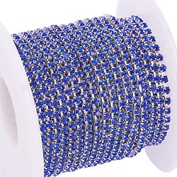 Brass Rhinestone Strass Chains, with Spool, Rhinestone Cup Chain, about 2880pcs Rhinestone/bundle, Grade A, Silver Color Plated, Sapphire, 2mm, about 10yards/roll