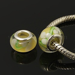 Handmade Lampwork European Beads for Biagi Bracelets, with Silver Plated Brass Double Cores, Rondelle, Yellow, 12.5x8mm, Hole: 5mm