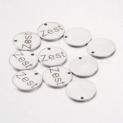 Ciondoli in acciaio inox, rotonda e piatta con la parola scorza, colore acciaio inossidabile, 15x1mm, Foro: 1.3 mm
