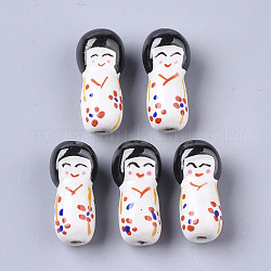 Manuell Porzellan Perlen, famille rose-Stil, japanische Kokeshi Puppenform, weiß, 25.5~27.5x11.5~12.5x11.5~12.5 mm, Bohrung: 1.6~2 mm