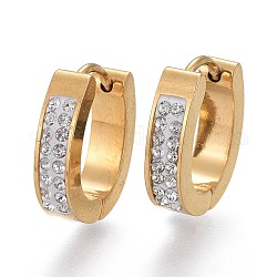 304 Stainless Steel Huggie Hoop Earrings, with Polymer Clay Rhinestone, Ring, Crystal, Golden, 16x14x4mm, Pin: 1mm