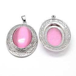 Ovale platinierte Cat Eye große Anhänger aus Messing, cadmiumfrei und bleifrei, Perle rosa, 50x37x12 mm, Bohrung: 4x7.5 mm