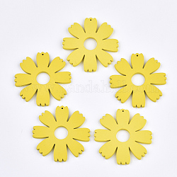 Pendentifs en bois peint, fleur, jaune, 49.5x49x3mm, Trou: 1mm