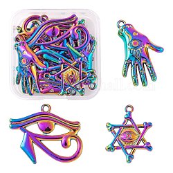 12Pcs 3 Style Plated Alloy Pendants, Star of David with Eye & Egyptian Eye of Horus & Hand of Eye, Rainbow Color, 25~27x20~31x2~3.5mm, Hole: 1.6~2mm, 4pcs/style