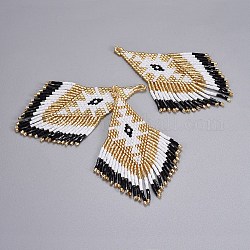 手作りの日本産シードビーズのタッセルペンダント  日本の輸入の糸と  織機模様  菱形  ホワイト  87~89x26x2mm  穴：1.5mm
