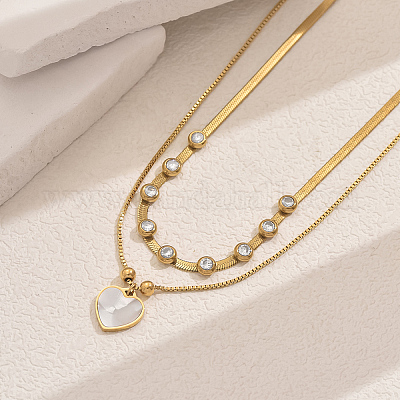 Двухслойное ожерелье из нержавеющей стали 201 с подвеской в форме сердца из натуральных ракушек и хрустальных страз для элегантных дамских вечеринок и свиданий VQ9886-1