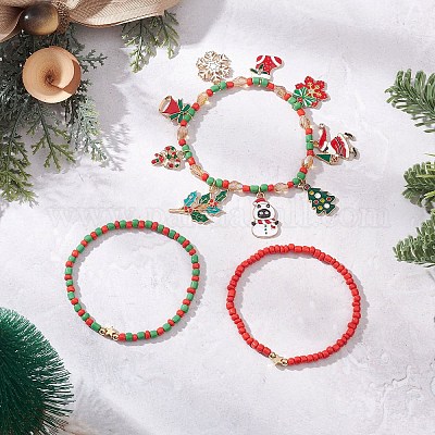 3 комплект браслетов из стеклянных бусин с рождественской тематикой BJEW-JB12442-02-1