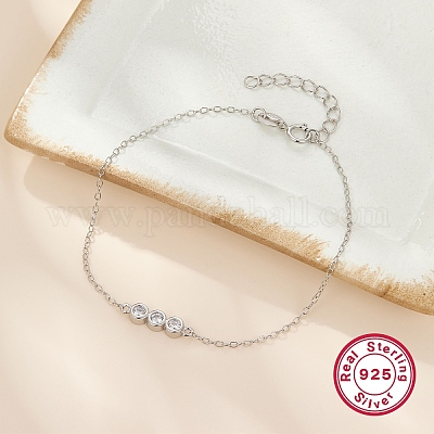 S925 браслеты из стерлингового серебра с плоскими круглыми звеньями и прозрачным кубическим цирконием PB1196-2-1