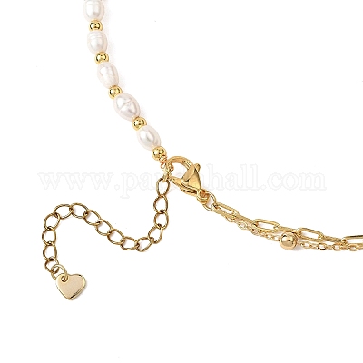 Двухслойные ожерелья из латунной цепочки с натуральным культивированным пресноводным жемчугом и бусинами из риса NJEW-JN05689-1