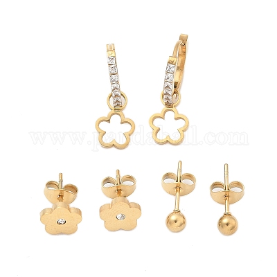 Комплекты из 304 нержавеющей стали со стразами в виде цветка и круглых серег EJEW-Z098-12G-1