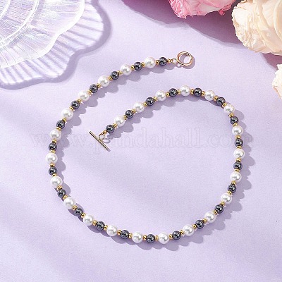 Ожерелья из 8-миллиметрового белого жемчуга с 6-миллиметровыми круглыми бусинами из синтетического немагнитного гематита NJEW-JN05698-1