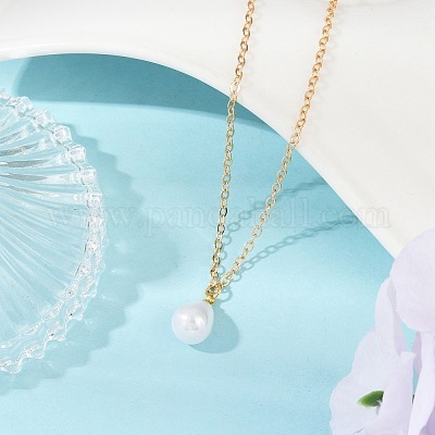 Ожерелья с подвеской в виде капли из нержавеющей стали 304 и пластика с жемчужинами NJEW-JN05219-1