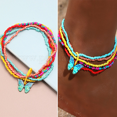 Комплекты многослойных браслетов на лодыжку из богемской смолы и стеклянных бусин WG187EB-04-1